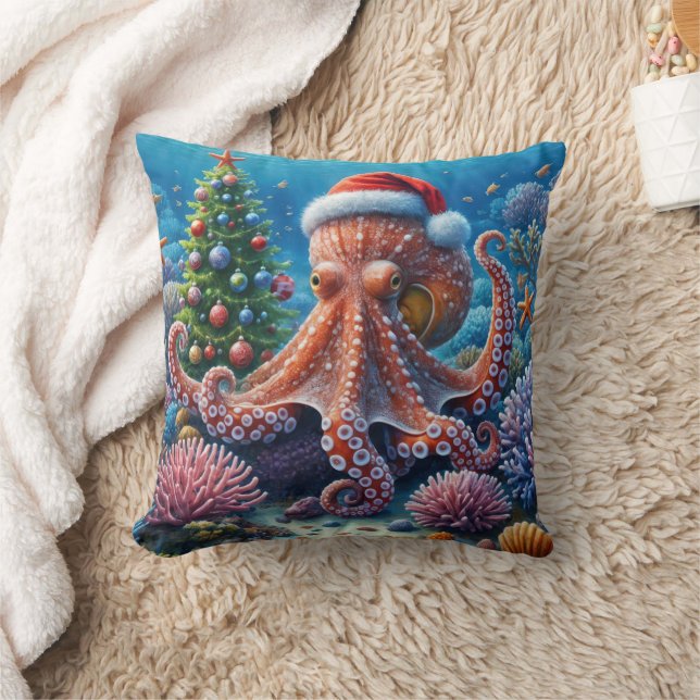 WeihnachtsOktopus mit einer Weihnachtsmannmütze Kissen (Decke)