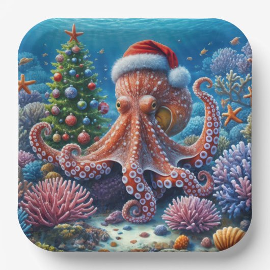 WeihnachtsOktopus mit einer Weihnachtsmannmütze Pappteller (Vorderseite)