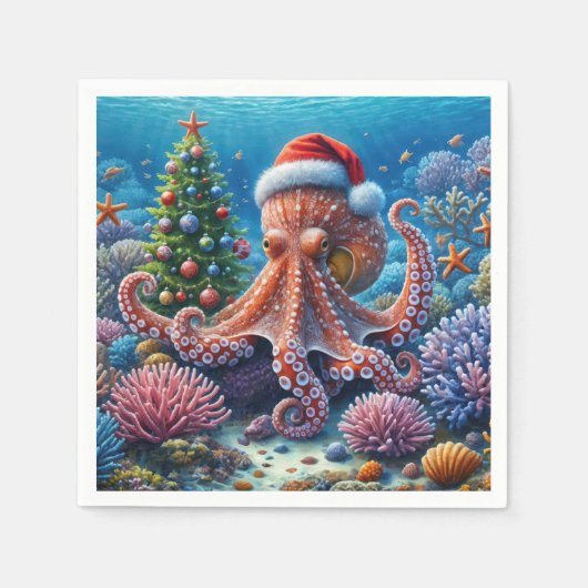 WeihnachtsOktopus mit einer Weihnachtsmannmütze Serviette (Vorderseite)