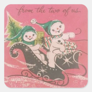 Weihnachtspaar Schneemann im Vintage-Stil Quadratischer Aufkleber