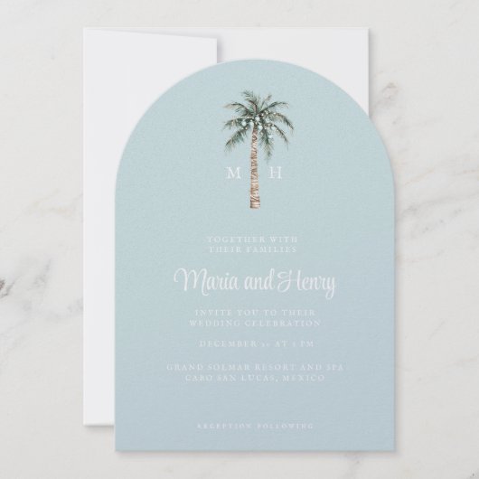 Weihnachtspalme Tree Arched Beach Wedding Monogram Einladung (Vorderseite)