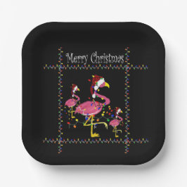 Weihnachtspamingo mit Weihnachtslicht auf schwarz Pappteller