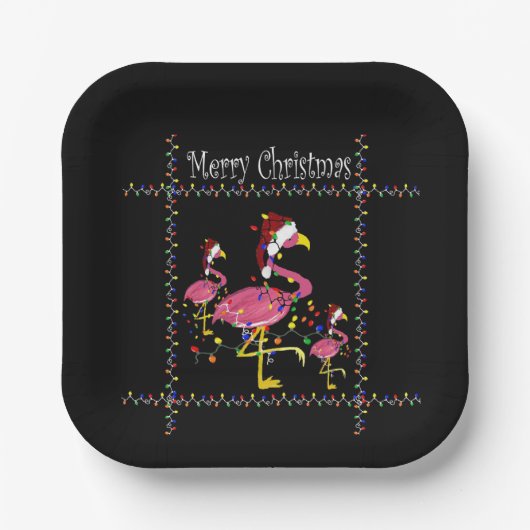 Weihnachtspamingo mit Weihnachtslicht auf schwarz Pappteller (Vorderseite)