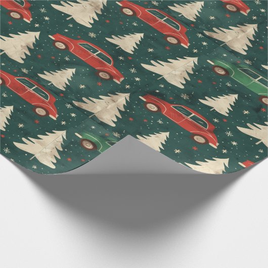 Weihnachtspapier mit Bäumen und Autos Geschenkpapier (Ecke)