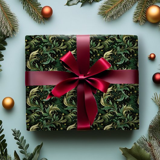 Weihnachtspapier mit dunkelgrünen Wirbel Geschenkpapier