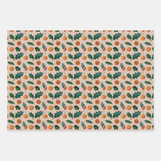 Weihnachtspapier mit Früchten & Stechpalme, Rosa Geschenkpapier Set