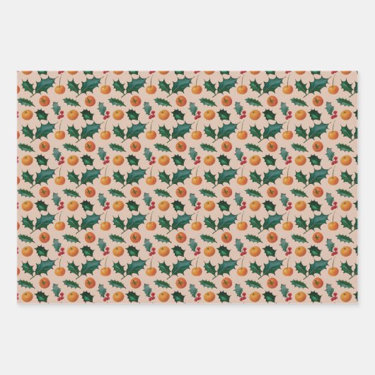 Weihnachtspapier mit Früchten & Stechpalme, Rosa Geschenkpapier Set (Vorderseite)