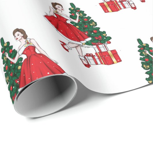 Weihnachtspapier mit Mädchen und Baummuster Geschenkpapier (Rolleneckpunkt)