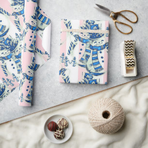 Weihnachtspapier Rosa & Weiße Streifen Schneemann Geschenkpapier
