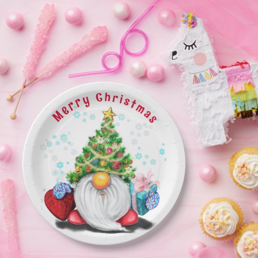 Weihnachtspapier-Teller Gnome mit Geschenk Pappteller (Party)