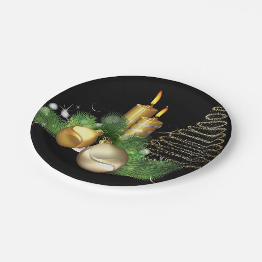 Weihnachtspapier-Teller, Goldkerze Pappteller (Schrägansicht)