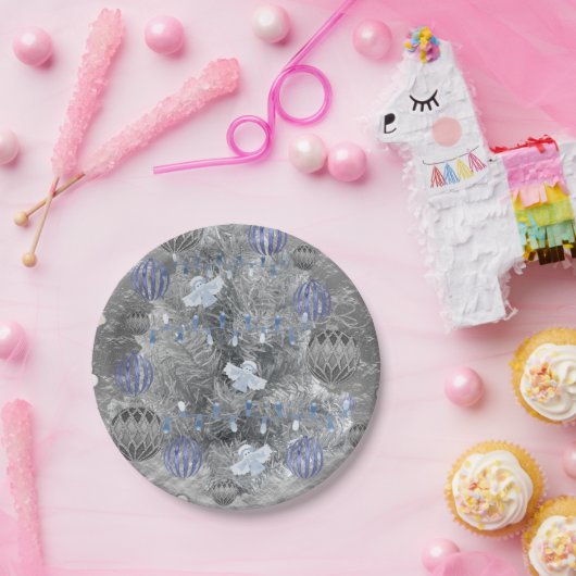 Weihnachtspapier-Teller, Merry Blue Silver Tree Pappteller (Party)