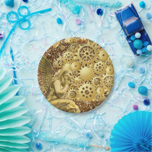 Weihnachtspapier-Teller, Merry-Gold-Engel Pappteller (Party)