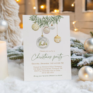 Weihnachtsparty mit Vintage-Weißgold-Ornamenten Einladung