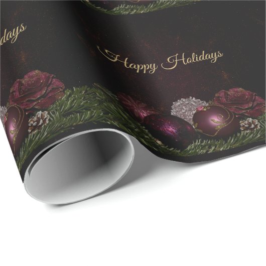 WeihnachtsParty Rosa Ornament Grün Blätter Schwarz Geschenkpapier (Rolleneckpunkt)