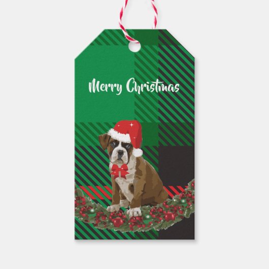 Weihnachtspass Hund mit Weihnachtsmannmütze Grün G Geschenkanhänger (Vorderseite)
