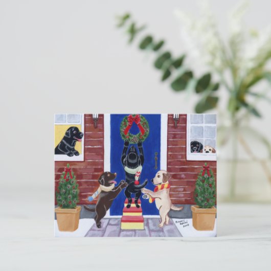 Weihnachtspass Labradors Feiertagspostkarte (Stehend Vorderseite)