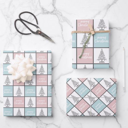 Weihnachtspastel Blau und Rosa Modernes Muster Geschenkpapier Set (Vorderseite)