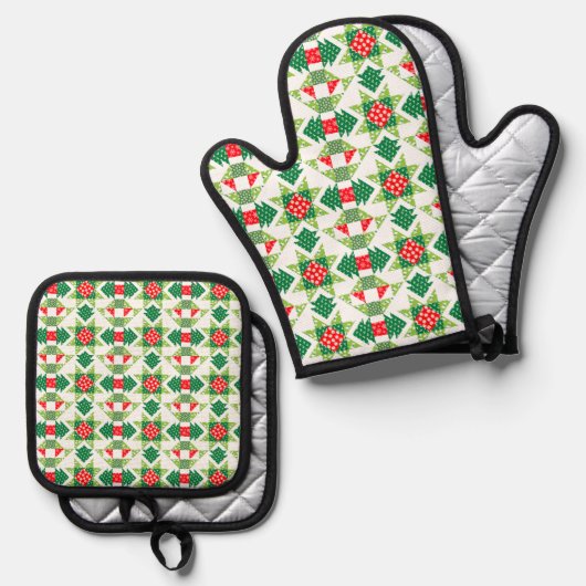 Weihnachtspatchwork-Quiltofen Mitt- & Pothalter Ofenhandschuh & Topflappen-Set (Vorderseite/Rückseite)