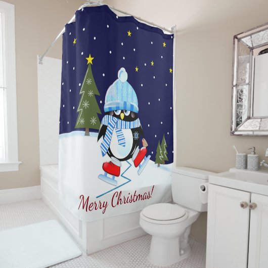 Weihnachtspenguin, der zu den Skaten versucht + Duschvorhang (Beispiel)