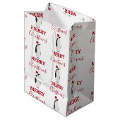 Weihnachtspenguin Funny Animal mit Weihnachtsmannm Mittlere Geschenktüte (Vorderseite Schrägansicht)