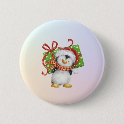 Weihnachtspenguin mit Geschenk - Feiertag Deko Button (Vorderseite)