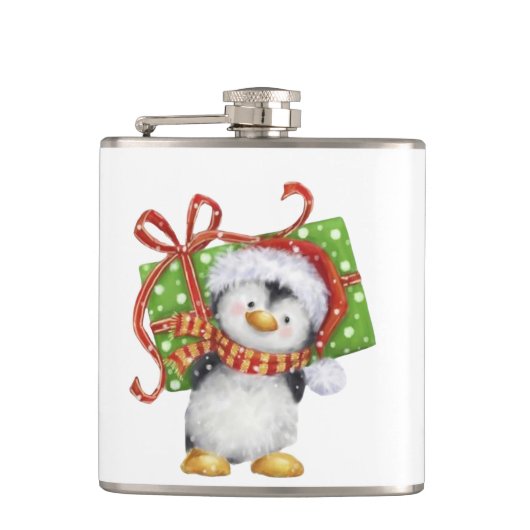 Weihnachtspenguin mit Geschenk - Feiertag Deko Flachmann (Vorderseite)