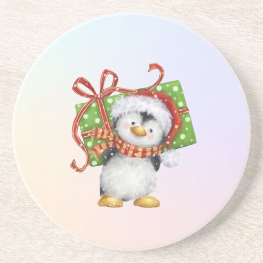 Weihnachtspenguin mit Geschenk - Feiertag Deko Getränkeuntersetzer (Vorne)