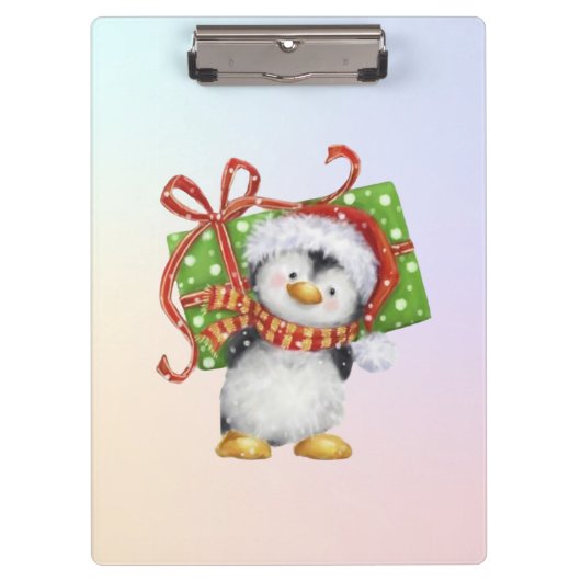 Weihnachtspenguin mit Geschenk - Feiertag Deko Klemmbrett (Vorderseite)