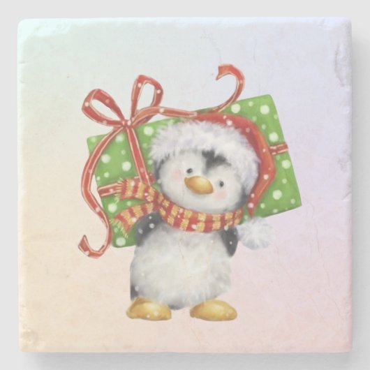 Weihnachtspenguin mit Geschenk - Feiertag Deko Steinuntersetzer (Vorderseite)