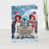 Weihnachtspenguinen mit Holzschild Karte (Vorderseite)