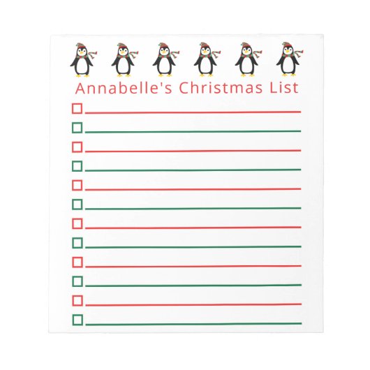 Weihnachtspenguins Einkaufsliste personalisieren Notizblock (Vorderseite)