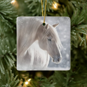 Weihnachtspferd in Snow Long White Mane Keramikornament