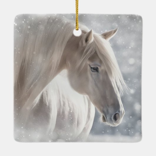 Weihnachtspferd in Snow Long White Mane Keramikornament (Rückseite)