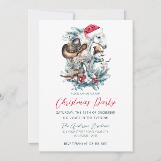 Weihnachtspferd in Weihnachtsmannmütze Cowgirl Cow Einladung (Vorderseite)