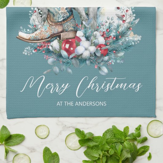 Weihnachtspferd in Weihnachtsmannmütze Cowgirl Cow Geschirrtuch (Gefaltet)