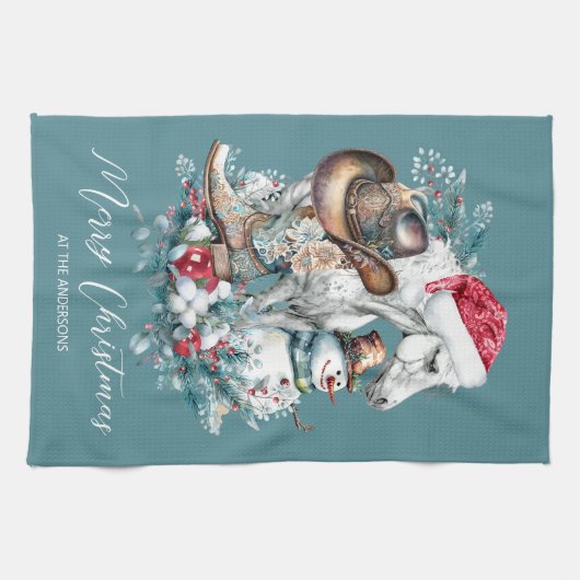 Weihnachtspferd in Weihnachtsmannmütze Cowgirl Cow Geschirrtuch (Horizontal)