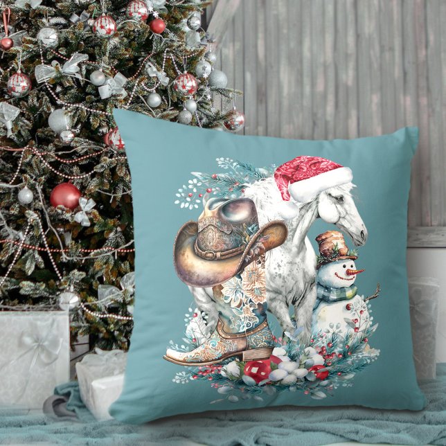 Weihnachtspferd in Weihnachtsmannmütze Cowgirl Cow Kissen (Christmas horse in Santa hat cowgirl cowboy boots Throw Pillow)