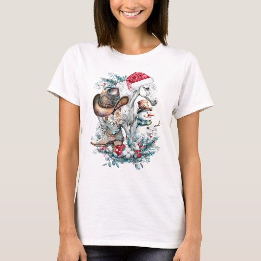 Weihnachtspferd in Weihnachtsmannmütze Cowgirl Cow T-Shirt (Vorderseite)