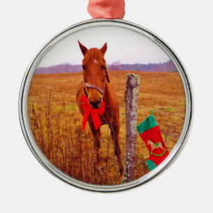 Weihnachtspferd mit Schleife & Strumpf Ornament Aus Metall