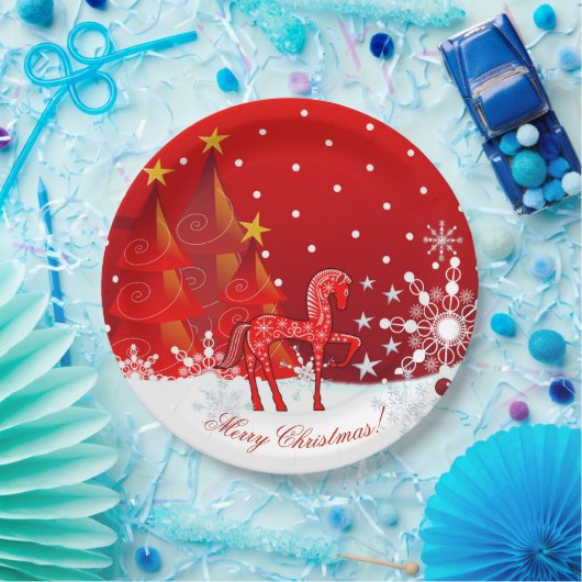 Weihnachtspferd, Schneeflocken, Bäume u. Pappteller (Party)