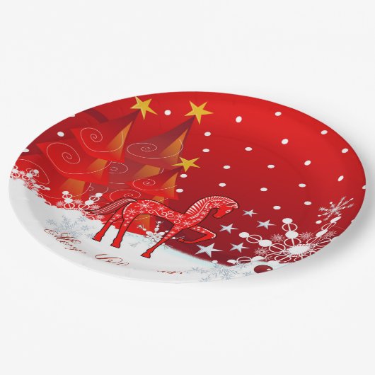 Weihnachtspferd, Schneeflocken, Bäume u. Pappteller (Schrägansicht)