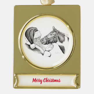 Weihnachtspferd und Weihnachtsmann Banner-Ornament Gold