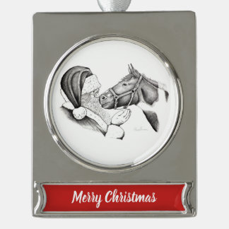 Weihnachtspferd und Weihnachtsmann Banner-Ornament Silber