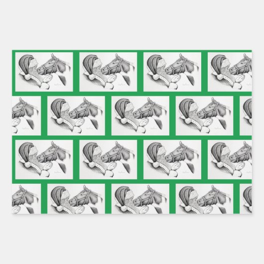 Weihnachtspferd und Weihnachtsmann Geschenkpapier Set (Vorderseite)