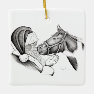 Weihnachtspferd und Weihnachtsmann Keramikornament