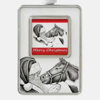 Weihnachtspferd und Weihnachtsmann Rahmen-Ornament Silber