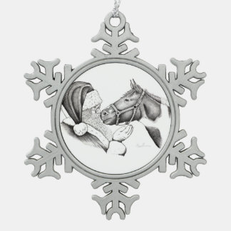 Weihnachtspferd und Weihnachtsmann Schneeflocken Zinn-Ornament
