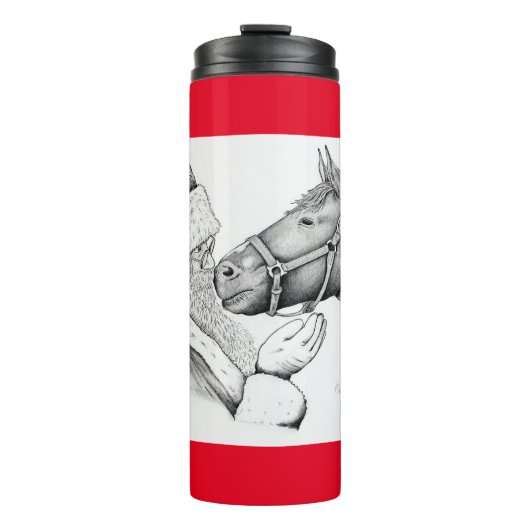 Weihnachtspferd und Weihnachtsmann Thermosbecher (Vorderseite)