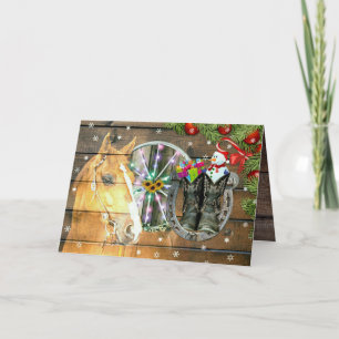 Weihnachtspferd Wagon Wheel Cowboy Boots Garland Karte